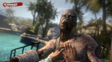 A rotten zombie attacks the player near a swimming pool in Dead Island
