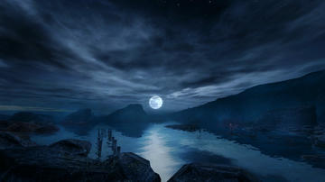 Screenshot of a bright moon rising over a dark blue night scene, looking out across the sea to the horizon.