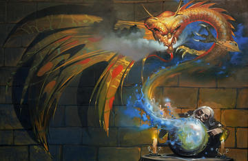 A dragon rising up from a warlock's magic spell.