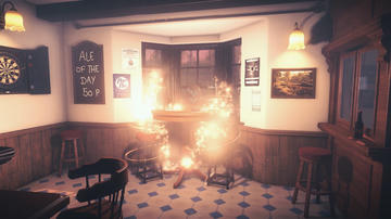 A shot from the game inside a pub with two characters represented by shimmering orbs of energy floating in the air.