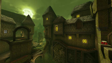 A screenshot from The Forgotten Sepulchre, featuring rotten old mossy buildings surrounded by broken floors, bright windows and mysterious passageways.